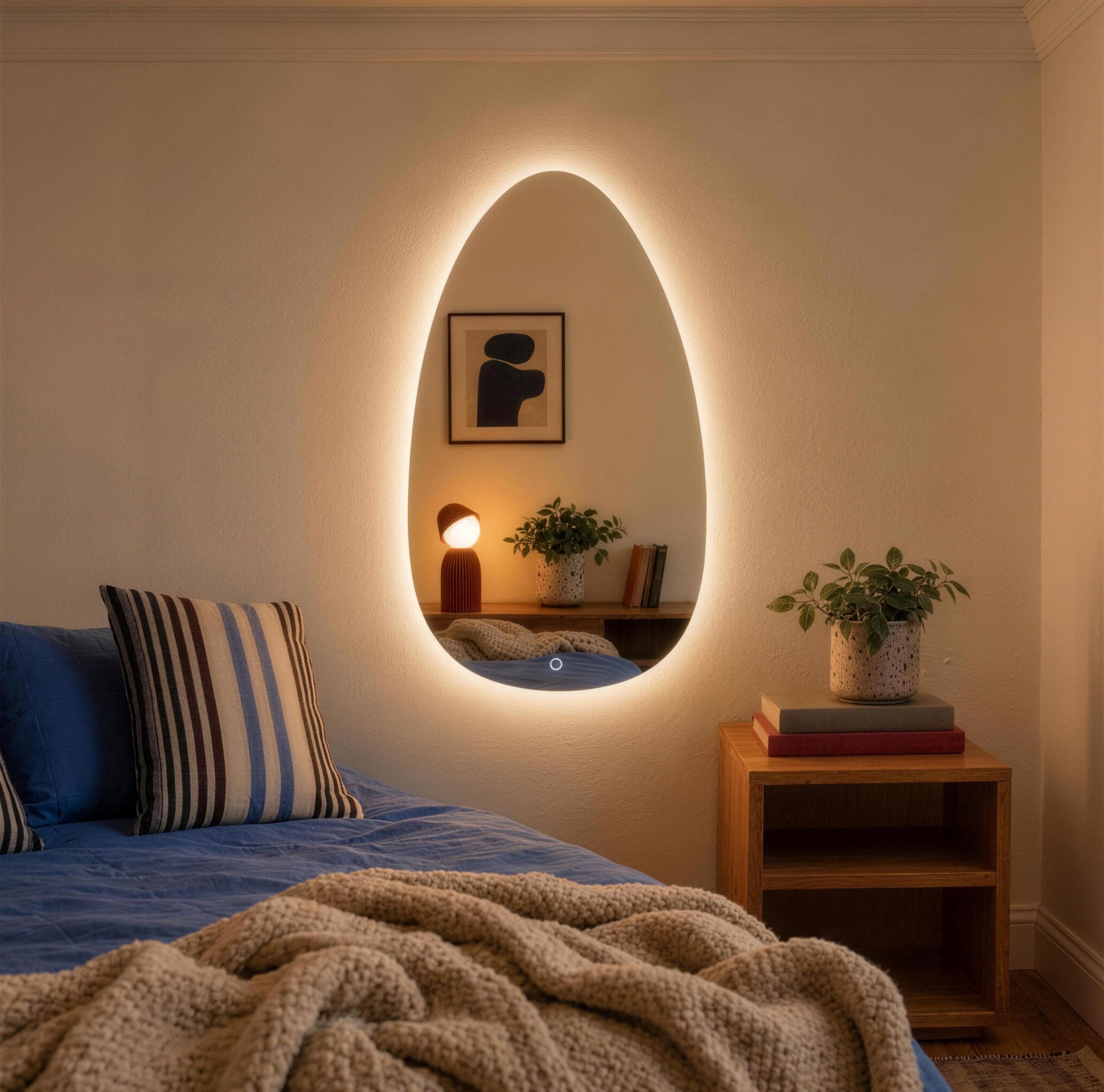 Espejo irregular luz LED Forma Noir en recámara